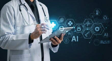 Doctor using tablet with medical technology interface