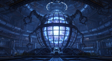 A glowing spherical energy core is suspended inside a vast, futuristic industrial chamber with large robotic arms.