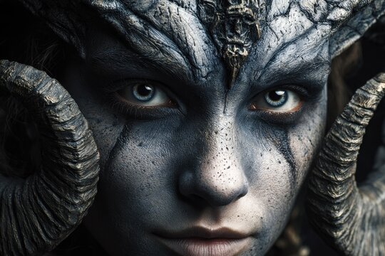 Image of a young woman as a horned alien with demonic eyes