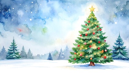Obraz premium Watercolor christmas tree in snowy forest