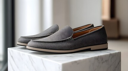 Stylish textured loafer shoes for men on a marble pedestal