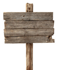 Weathered wooden sign on a post.  Empty, rustic signpost
