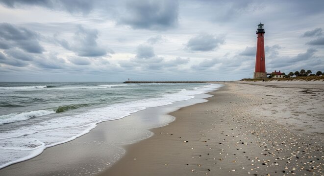 Sandy beach, red lighthouse, ocean, and cloudy sky on a calm overcast day