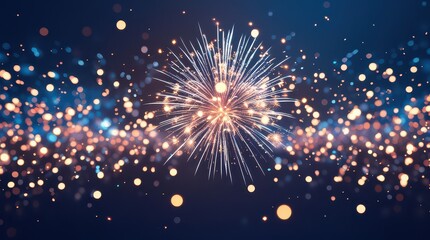 Fototapeta premium Fireworks display with bright golden and white bursts against a dark blue background with bokeh