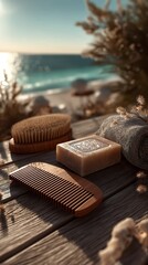 Wooden Comb & Soap Bar on Sunny Beach &ndash; Minimalist Summer Setting, Clean 3D Render, Natural Dry Brushing Aesthetic