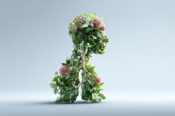 A creative artwork in the shape of a human with plants and flower, representing environment. The artwork showing lung and head in plant shape.