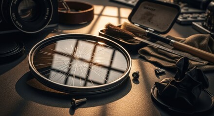 Shattered camera filter on a table with tools in warm light