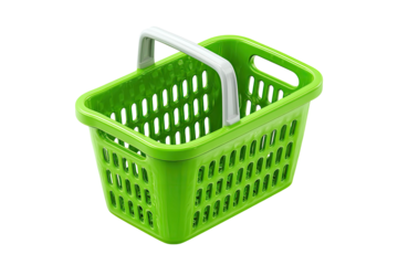 A vibrant lime green plastic shopping basket with white handles