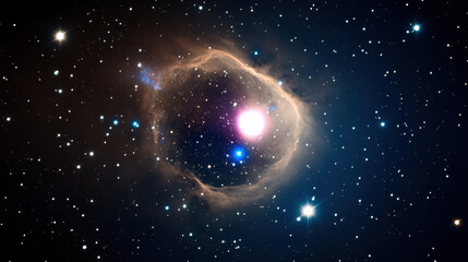 Obraz premium Glowing nebula with cold toned dark background reveals hidden galaxy peeking through, surrounded by stars and cosmic dust in high fidelity space scene