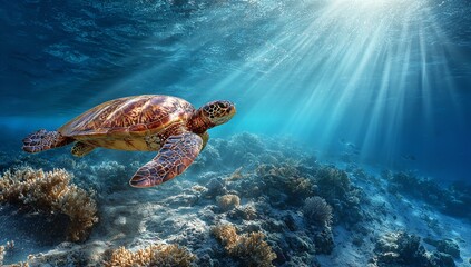 Obraz premium Underwater View of Sea Turtle and Coral Reef with Sunbeams Shining Through the Blue Ocean Surface