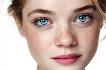 Fototapeta premium Intimate portrait of a gorgeous woman with blue eyes against a white backdrop