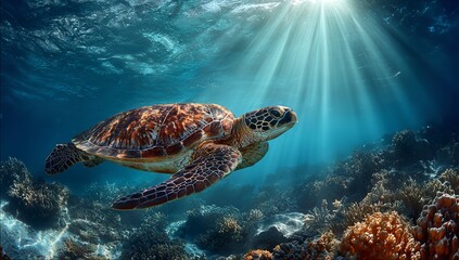 Fototapeta premium Underwater View of Sea Turtle and Coral Reef with Sunbeams Shining Through the Blue Ocean Surface