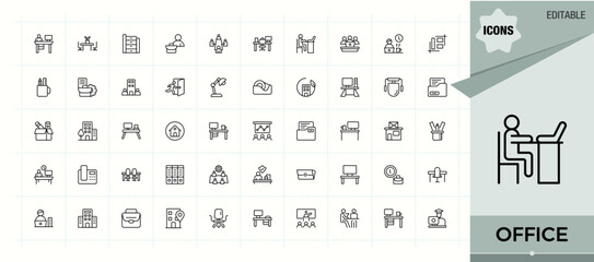 Office line icon set. Minimal icons set. Related to teamwork, job, workspace, employee, business, office desk, desk. Vector illustration. Workspace modern icon set.