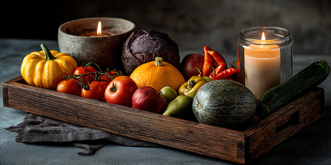 Rustic Wooden Tray with Colorful Vegetables, Fruits, and Candles &ndash; Autumn Harvest Still Life