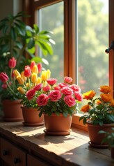 Fototapeta premium vibrant flower pots colorful blooming flora rustic wooden table home decor nature aesthetic, floral, colors, petal, foliage, planter, greenery, outdoors, interior