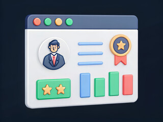 3d illustration of a user profile web page with analytics and ratings
