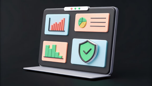 3d render of a tablet displaying analytics and security dashboards