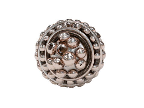Rose gold sphere, layered with concentric circles of smaller spheres.  Complex, 3D design