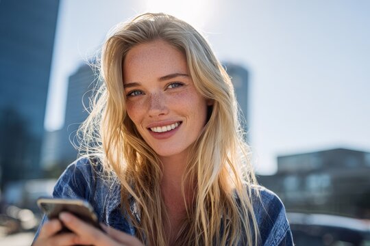 Joyful blonde woman using her phone outside on a sunny day