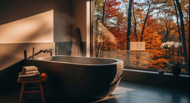 Steamy bath in modern bathroom overlooks colorful autumn trees outside