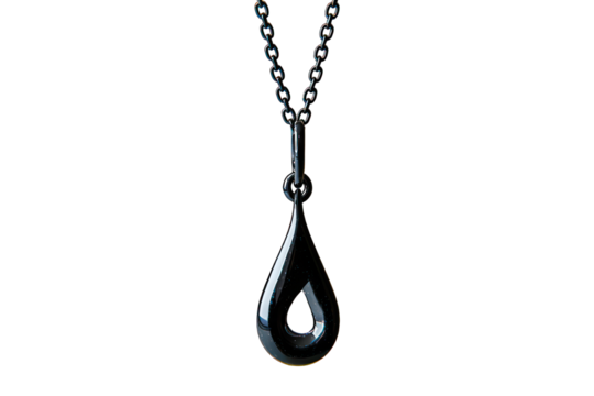A teardrop-shaped pendant, dark metal, hangs on a chain