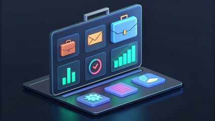 Business analytics dashboard with icons and charts on a laptop