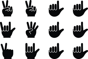 Fototapeta premium Diverse Hand Gesture Collection Black Silhouette Set Representing Communication Expression and Sign Language Isolated on White Background