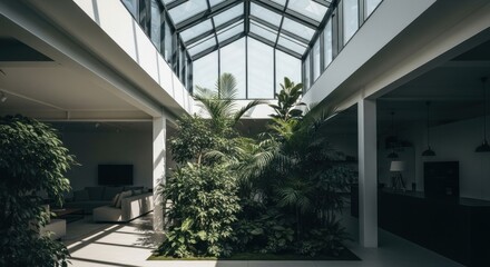 Sunlit interior with indoor garden under glass roof