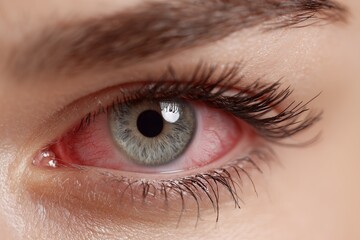 Blue human eye with redness.
