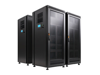 Three dark gray server cabinets,  modern design,  glass doors,  technical equipment