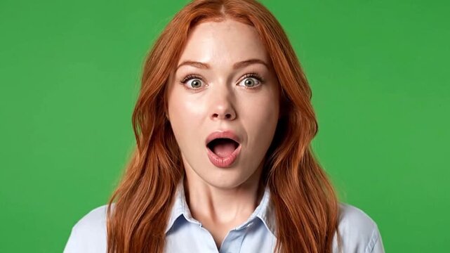 A redhead woman with wide eyes and an open mouth displaying an expression of shock against a green background