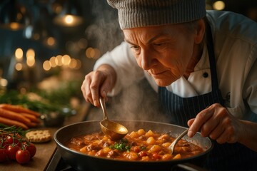 Expert chef preparing a delicious classic dish in a cozy kitchen setting