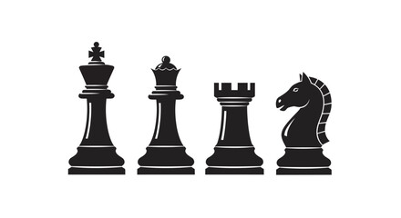 Black king queen rook and knight chess pieces silhouette