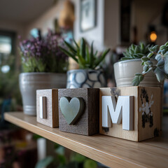 I Love Mom Wooden Blocks with Plants, Heartwarming Home Decor for Mother's Day