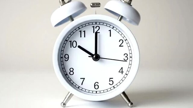 A white round analog alarm clock shows the time as ten oclock on a light background