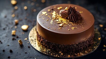 Decadent chocolate cake topped with cream and golden sprinkles on a dark surface