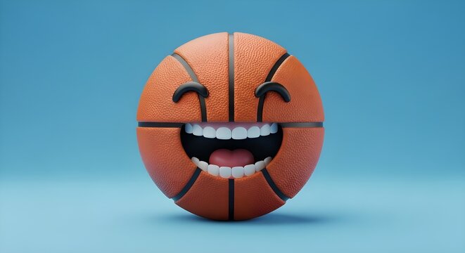 Happy basketball character with a smile and teeth on blue background