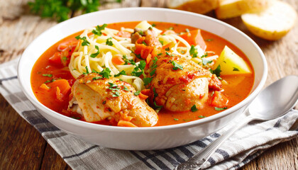 Homemade tomato soup with chicken, vegetables and pasta. AI