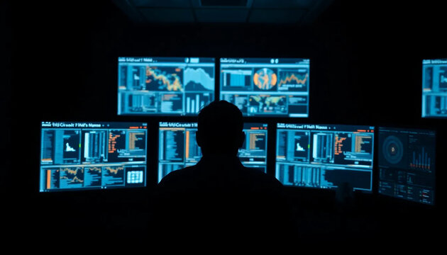 Silhouette of a person in front of multiple glowing computer screens displaying data