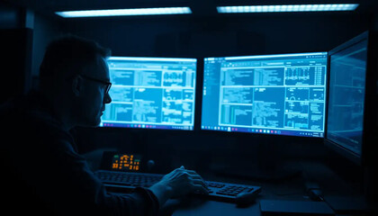 Cybersecurity expert analyzing complex data on dual monitors in a dark room