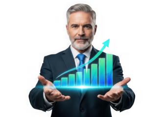 A man holds a glowing graph showing upward financial growth, symbolizing success isolated on transparent background
