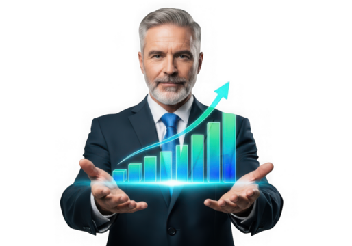 A man holds a glowing graph showing upward financial growth, symbolizing success isolated on transparent background