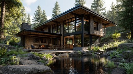Sleek timber forest villa set in lush landscape with reflective rain garden basin