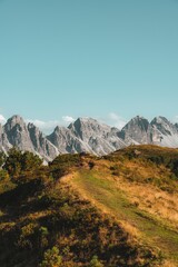 Mountain range with clear blue sky and grassy path.