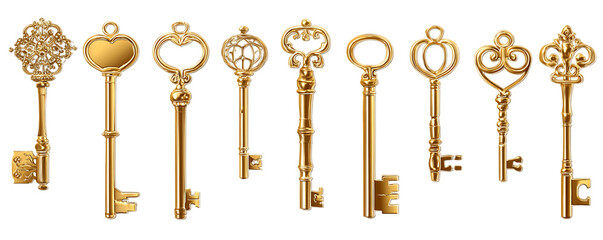Ornate gold keys on a black background.