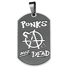 Steel dog tag pendant featuring an anarchy symbol with a safety pin and 