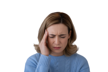 Woman experiencing a headache holding her temple isolated on transparent background