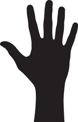 Black silhouette of a human hand raised with fingers spread wide against a white background