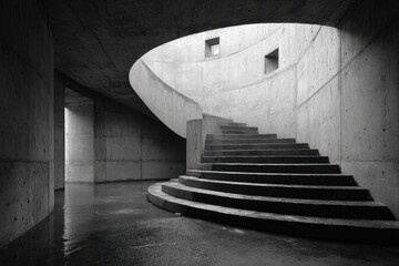 Concrete spiral staircase ascends in modern building interior with small windows