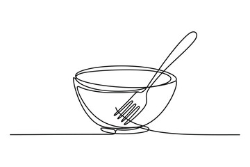 One Line Drawing of Bowl with Fork, Minimal Kitchen Utensil Vector Illustration